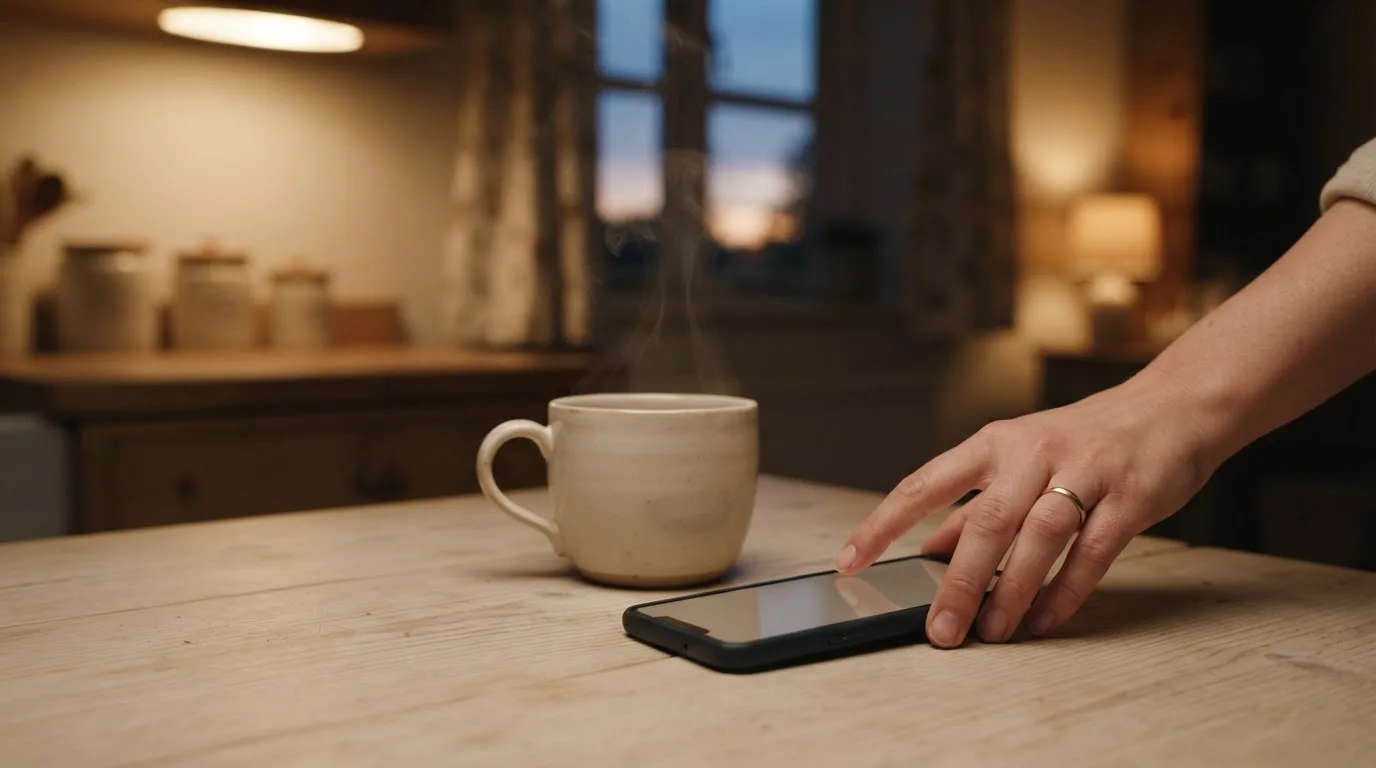 A hand setting a smartphone down beside a cup of tea on a kitchen table on a quiet evening