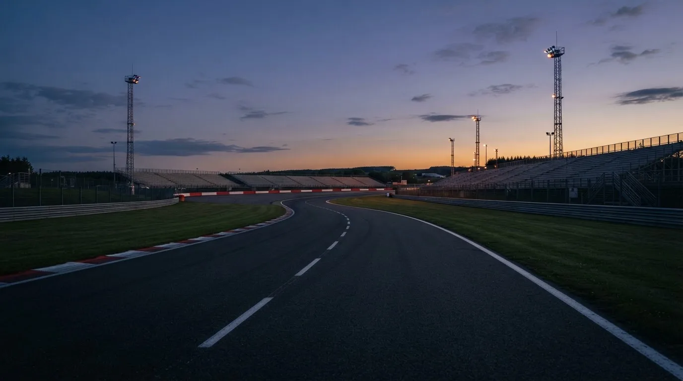 An empty football stadium with floodlight masts at dusk