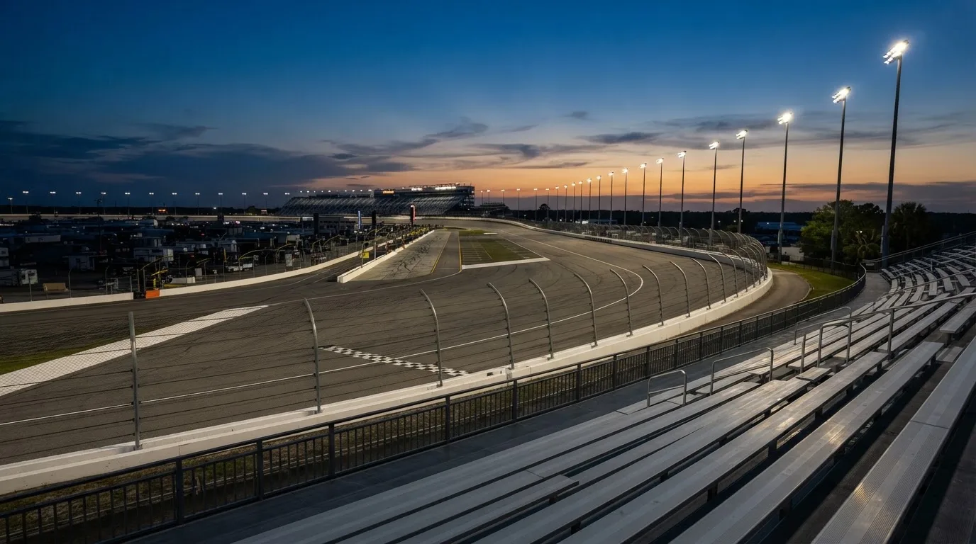 An empty football stadium with floodlight masts at dusk