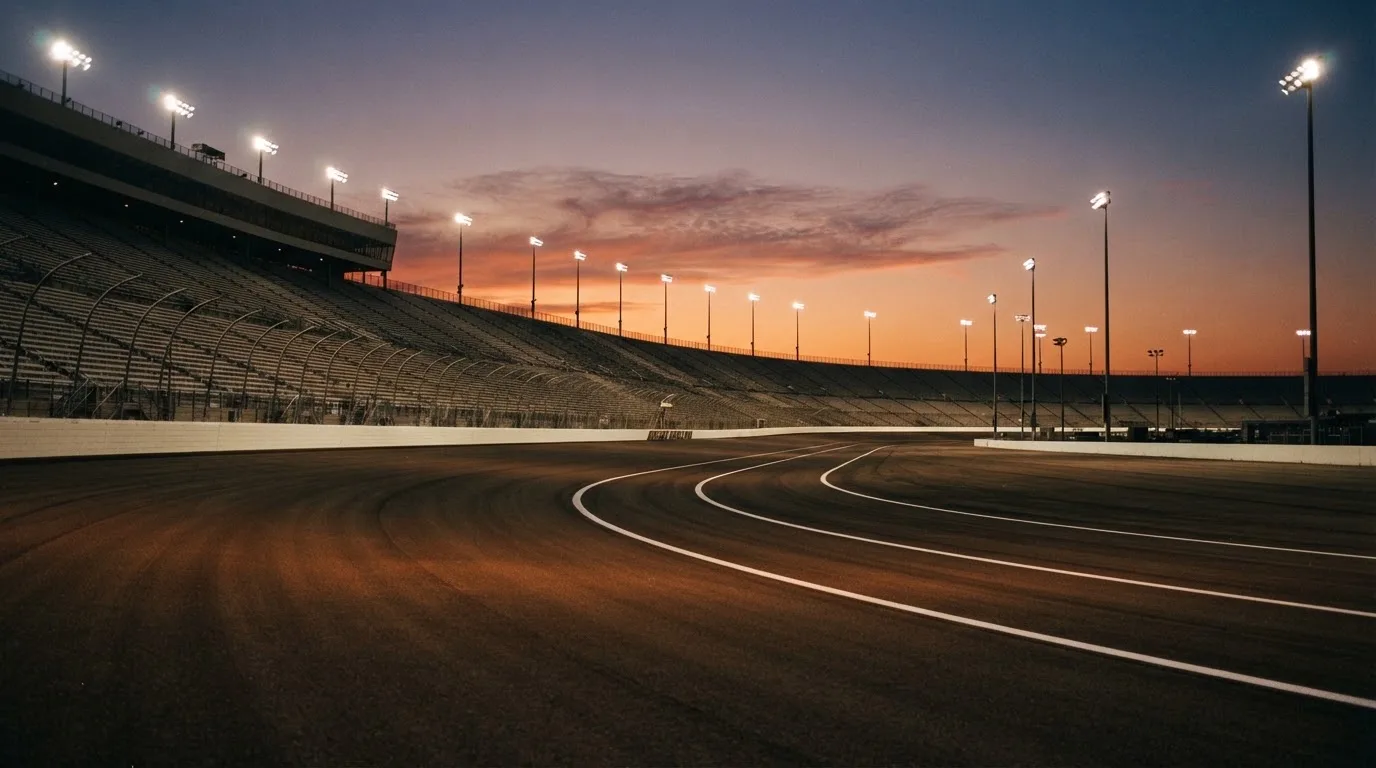 An empty football stadium with floodlight masts at dusk