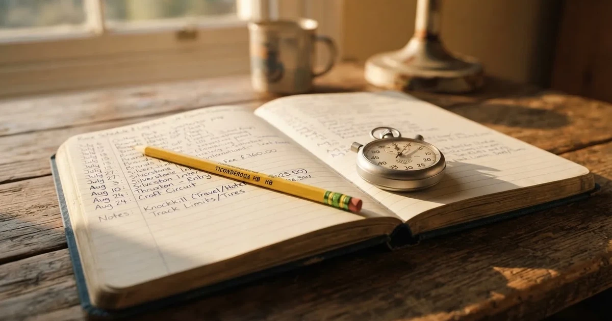 An open notebook with a pencil and a stopwatch on a wooden table