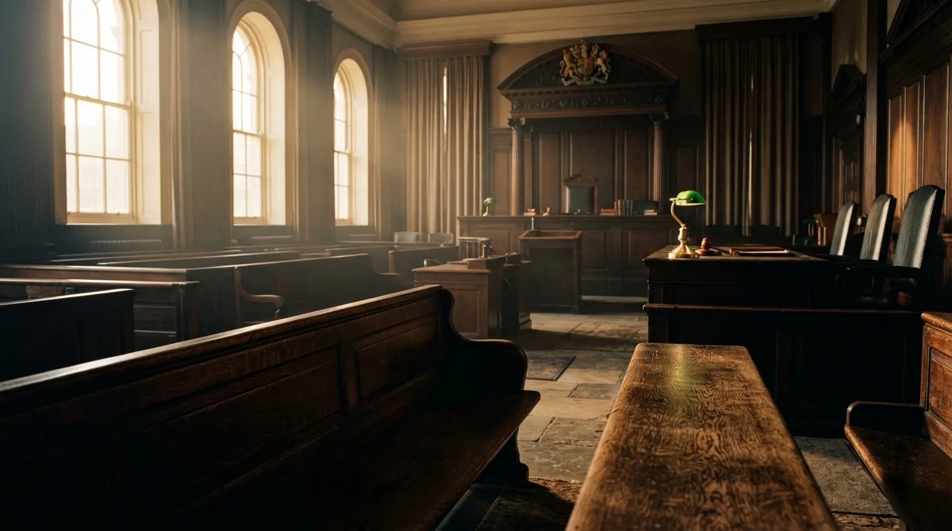 An empty courtroom with wooden benches in morning light
