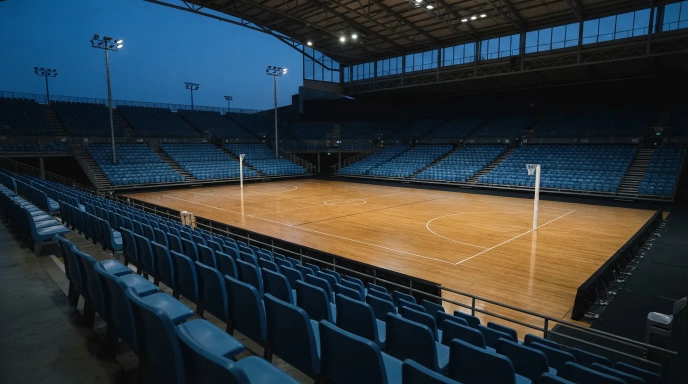 An empty football stadium with floodlight masts at dusk