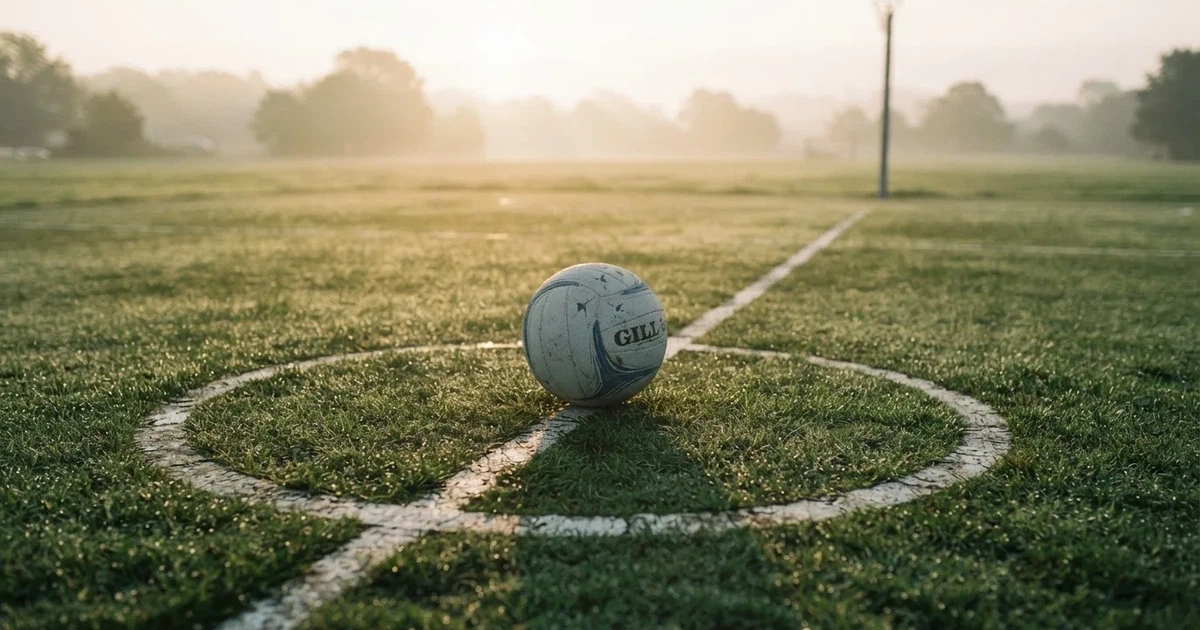 A ball on the centre spot of a grass pitch in morning light