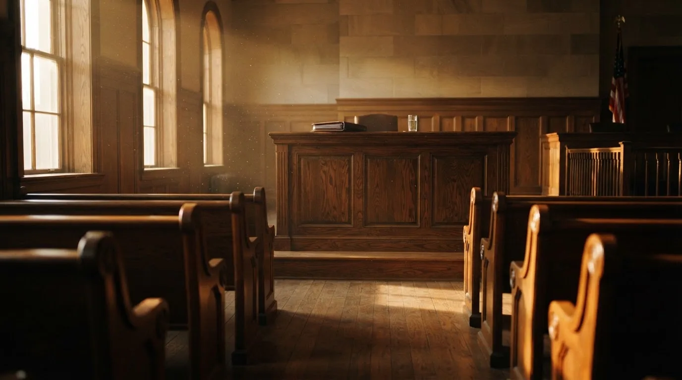 An empty courtroom with wooden benches in morning light