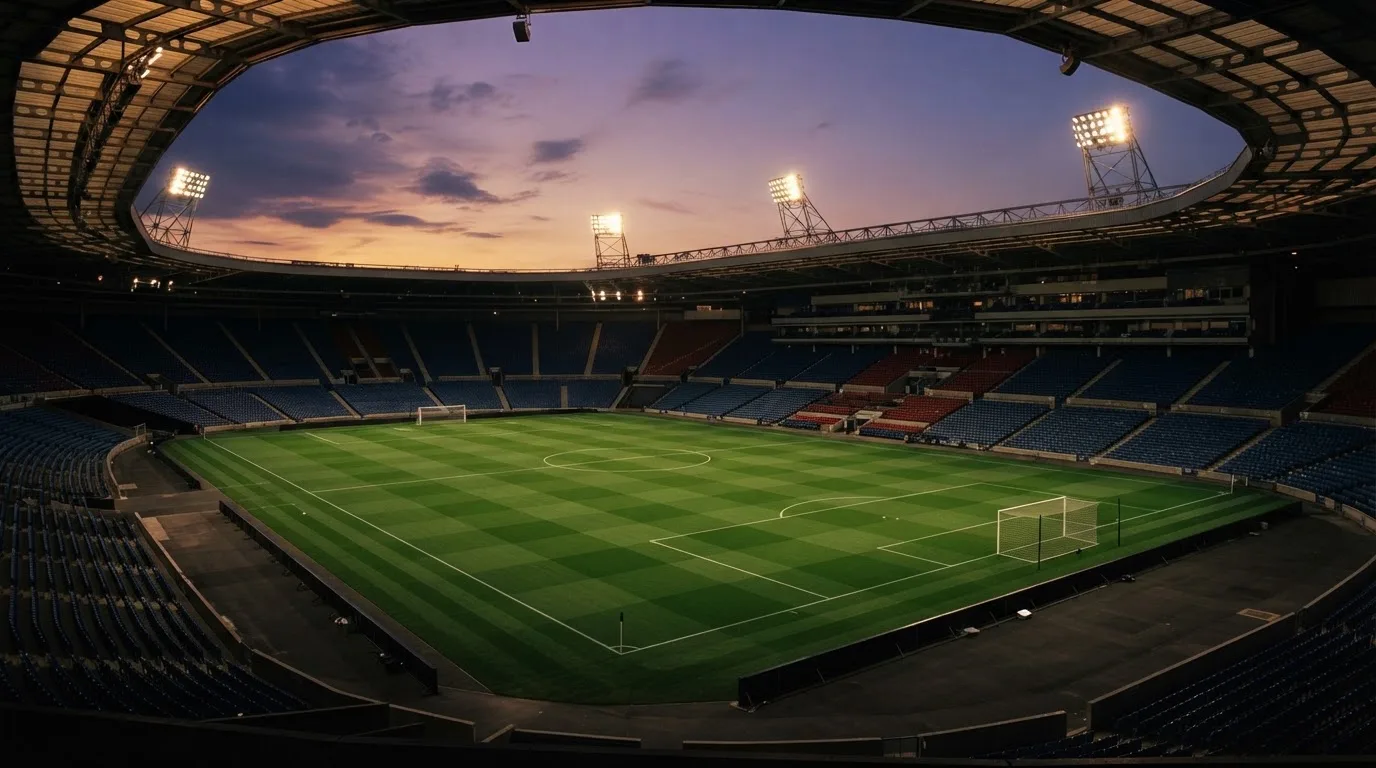 An empty football stadium with floodlight masts at dusk