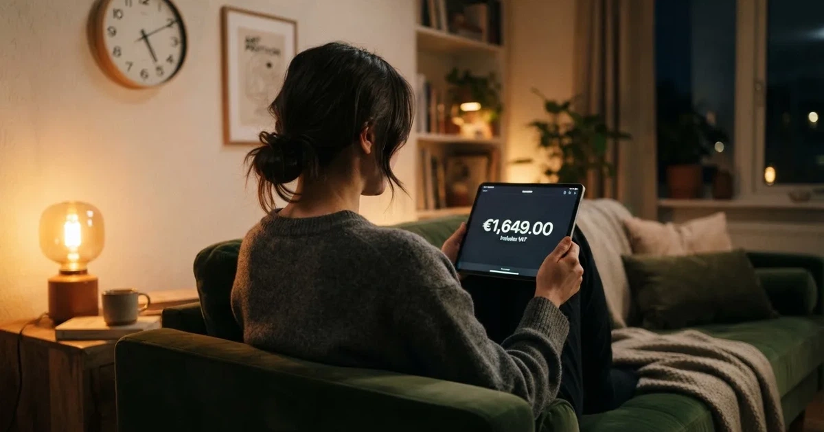 A person on a sofa looking thoughtfully at a tablet, a wall clock in the background