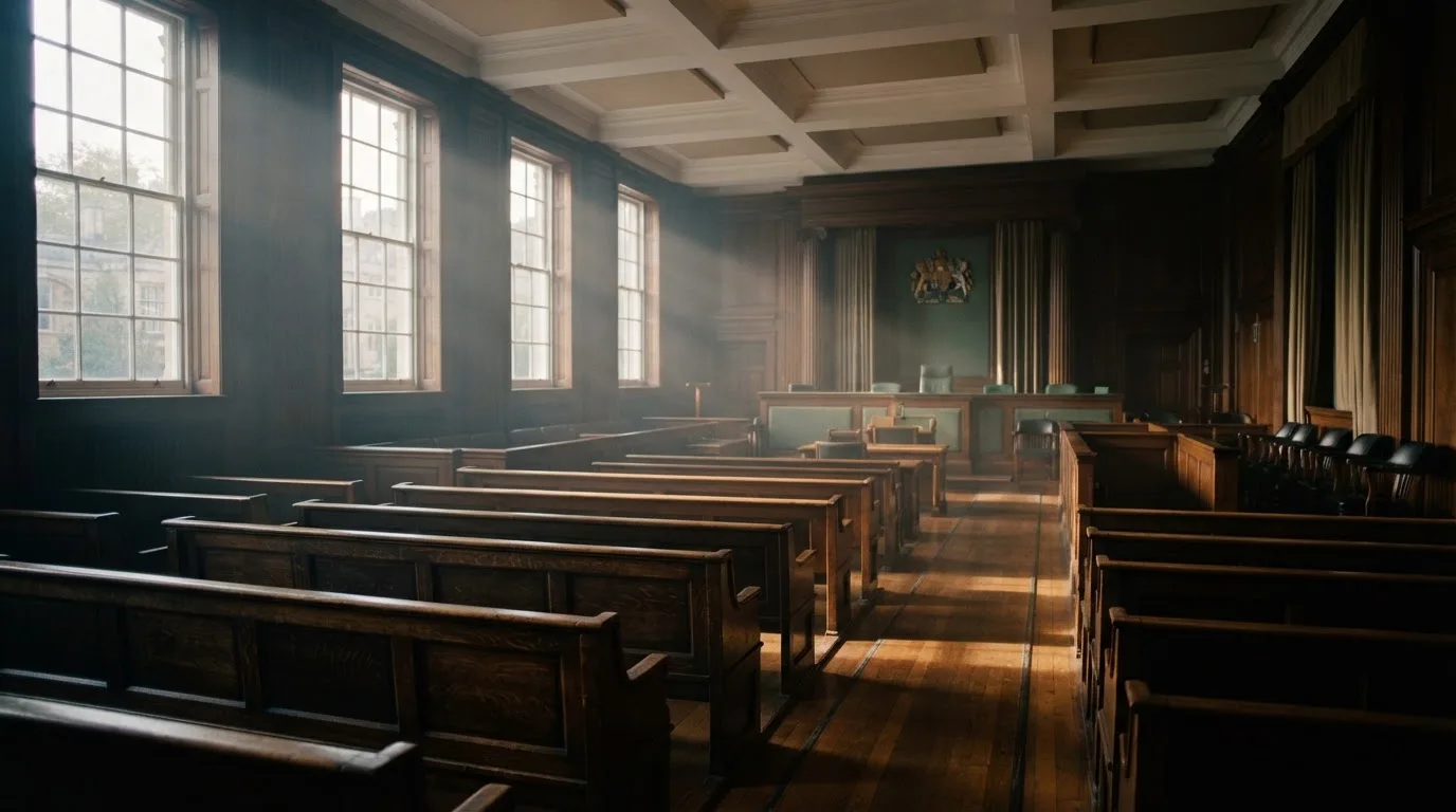 An empty courtroom with wooden benches in morning light