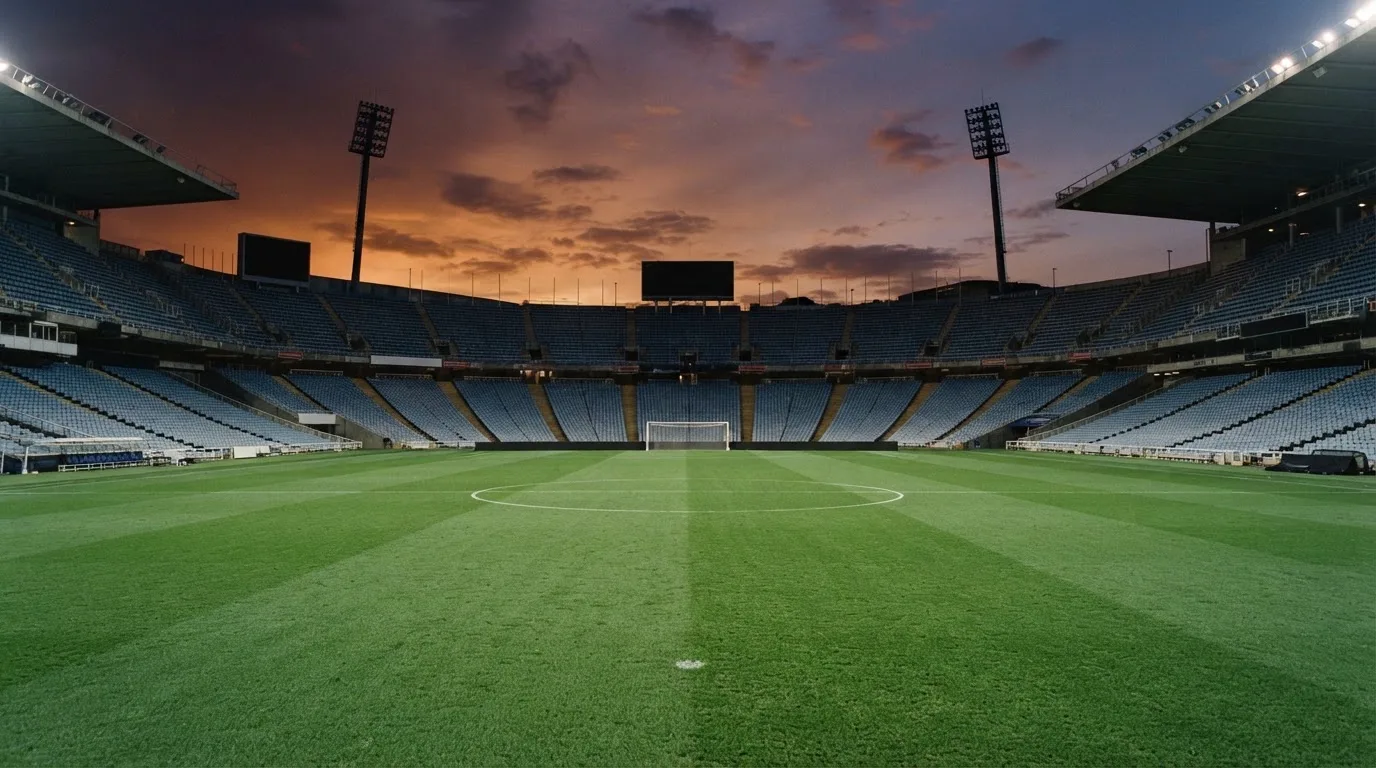 An empty football stadium with floodlight masts at dusk