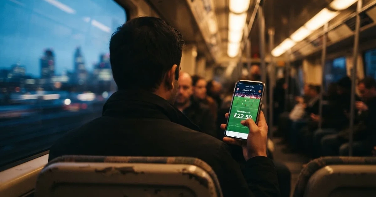 A hand holding a smartphone on a train in the evening, screen turned away