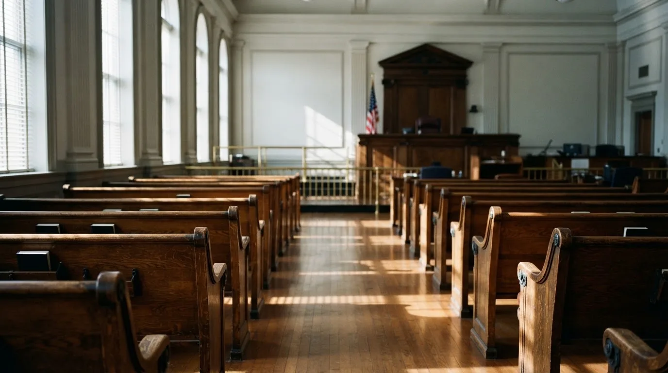 An empty courtroom with wooden benches in morning light