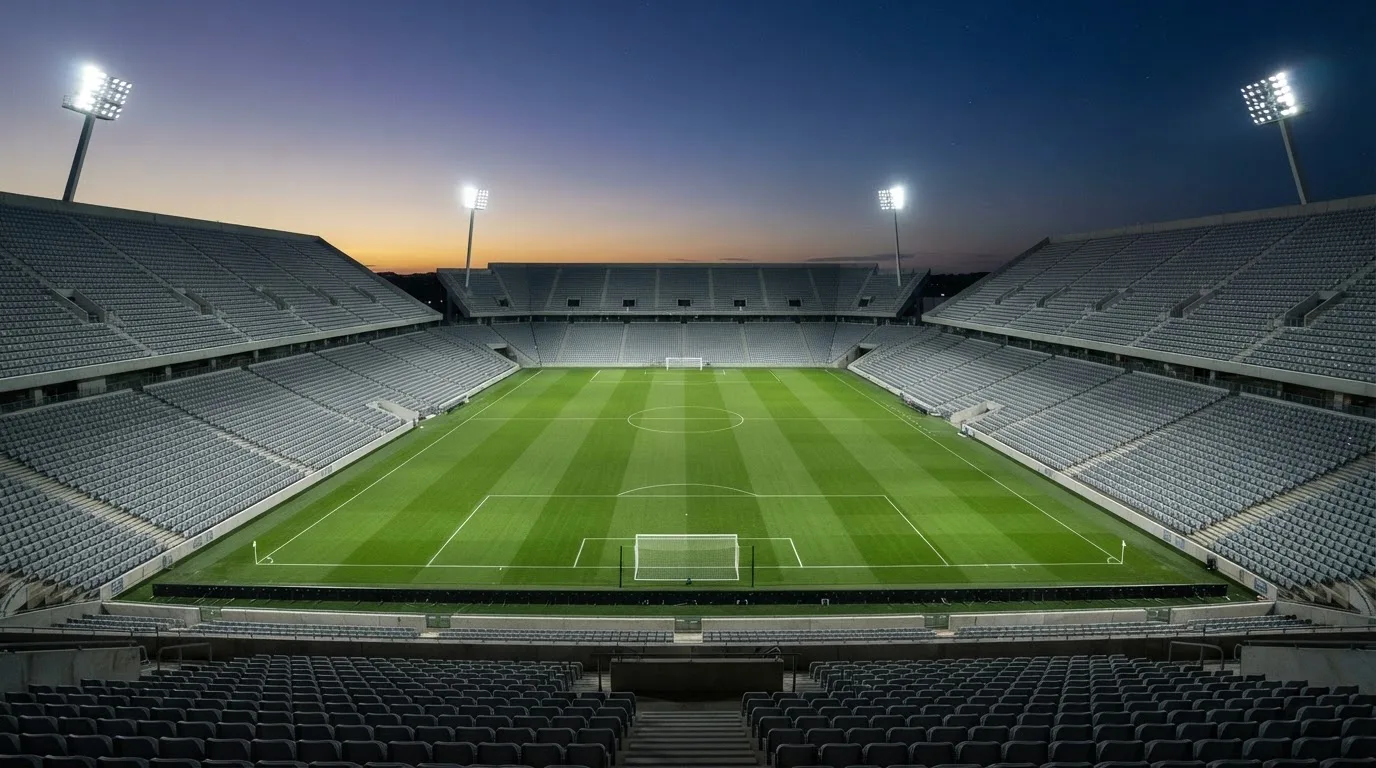 An empty football stadium with floodlight masts at dusk