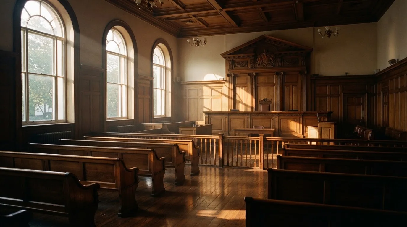 An empty courtroom with wooden benches in morning light