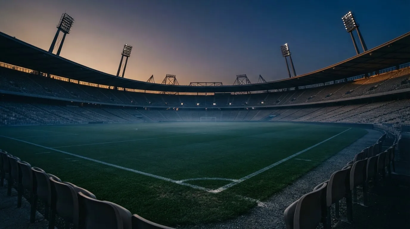 An empty football stadium with floodlight masts at dusk