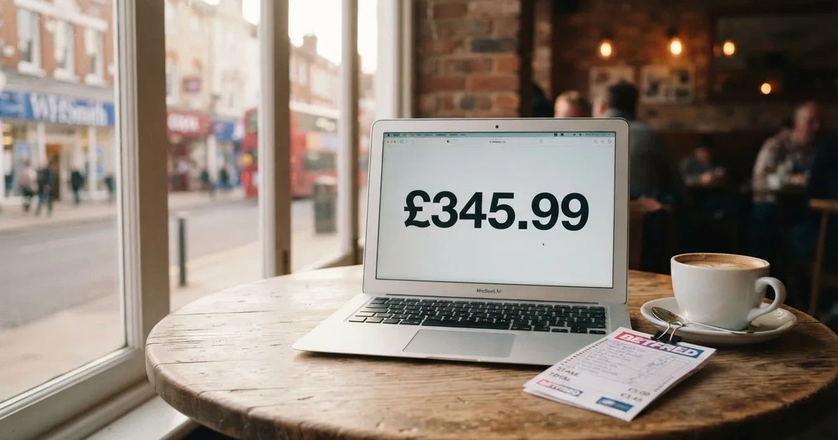 A laptop on a café table by a window onto the street