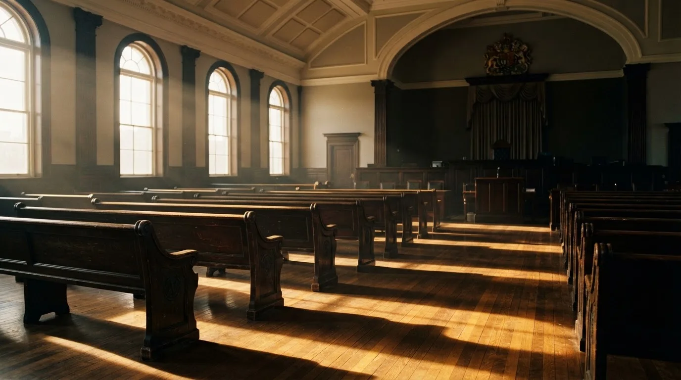 An empty courtroom with wooden benches in morning light