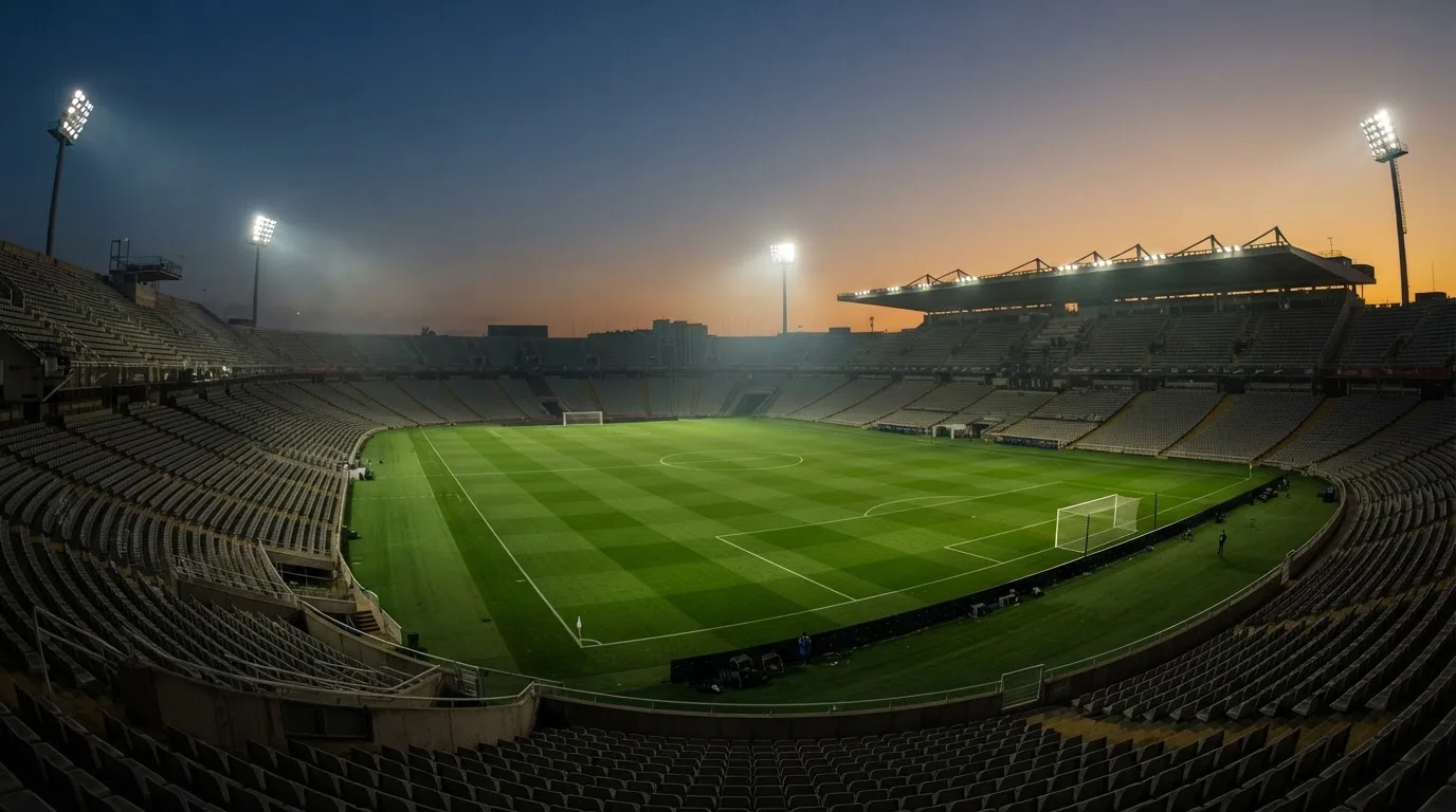 An empty football stadium with floodlight masts at dusk