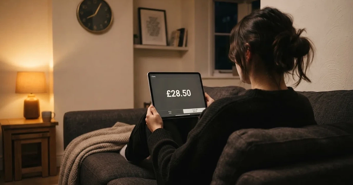 A person on a sofa looking thoughtfully at a tablet, a wall clock in the background