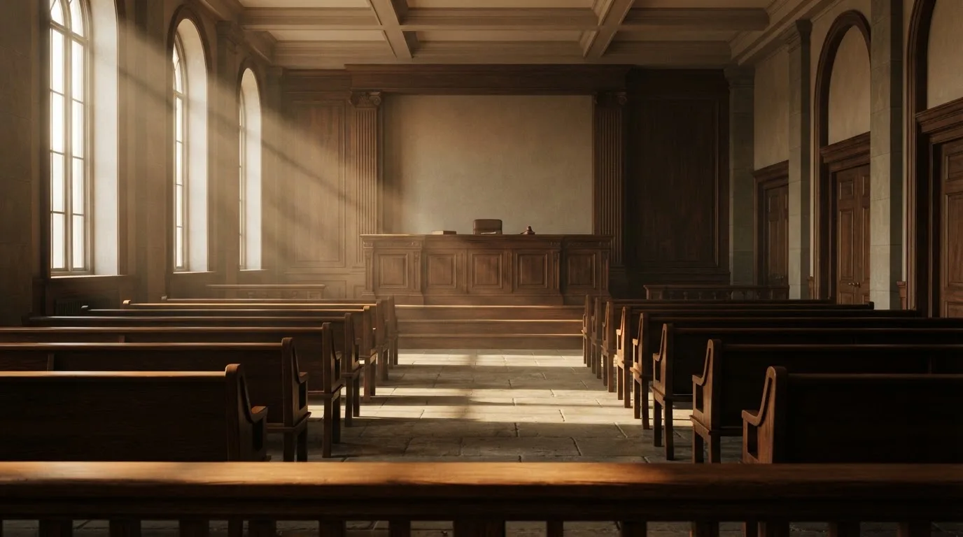 An empty courtroom with wooden benches in morning light