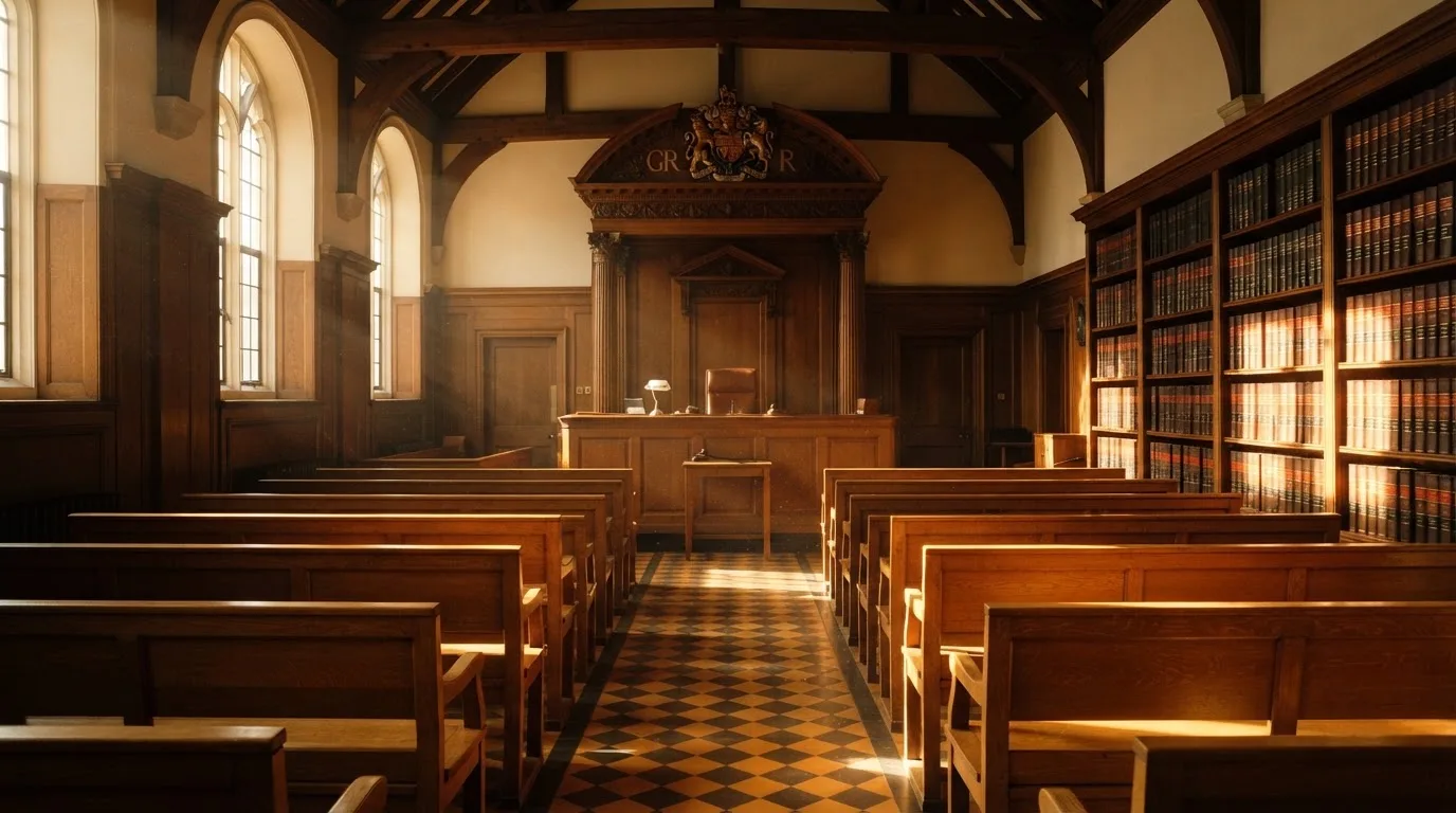 An empty courtroom with wooden benches in morning light