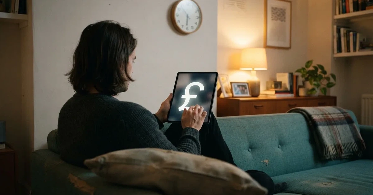 A person on a sofa looking thoughtfully at a tablet, a wall clock in the background