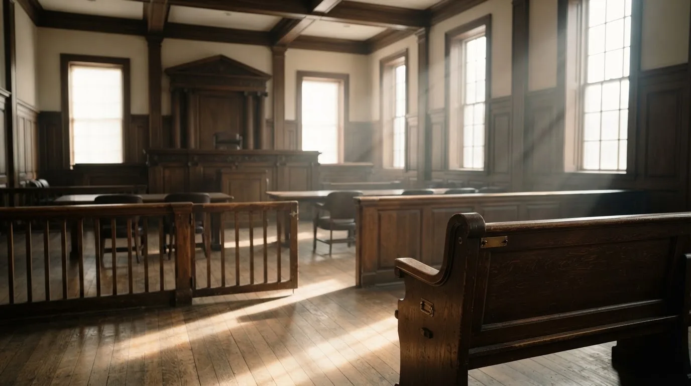 An empty courtroom with wooden benches in morning light