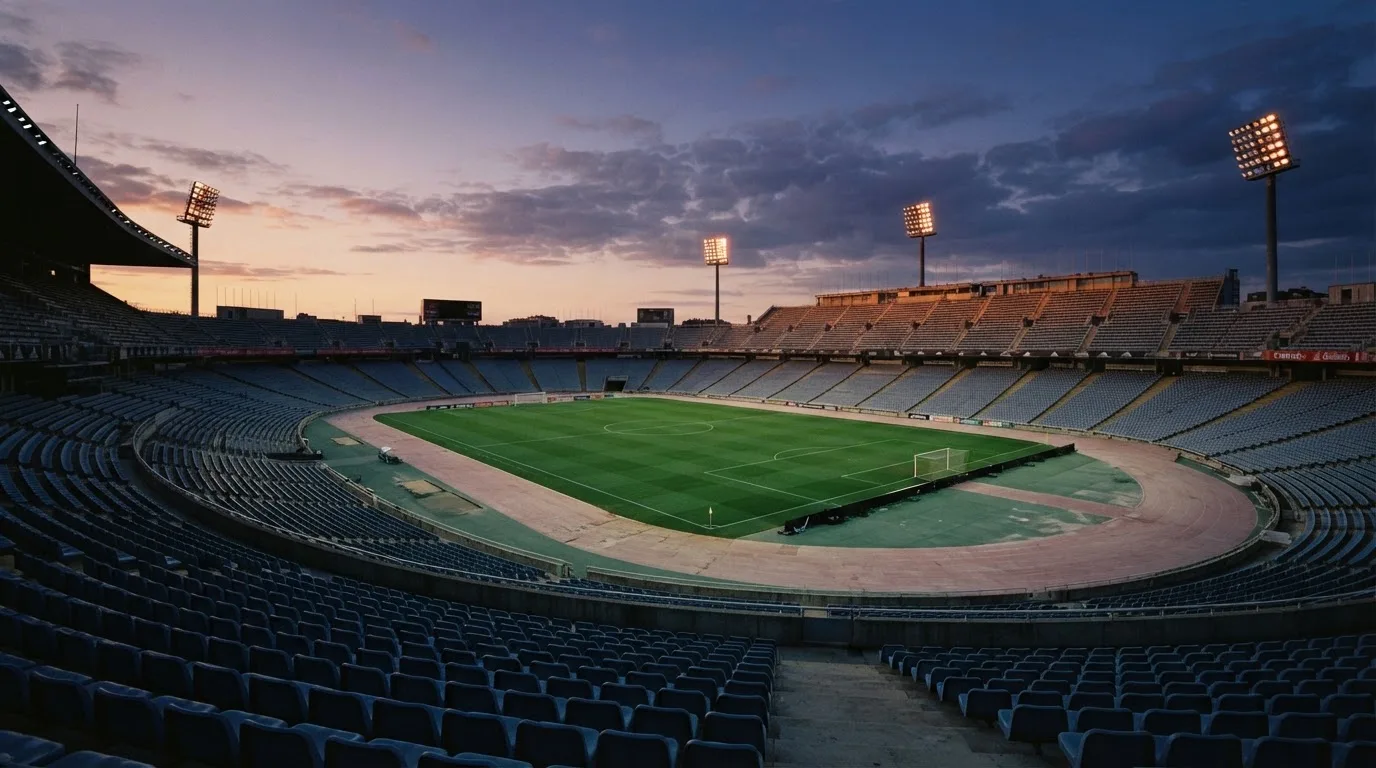 An empty football stadium with floodlight masts at dusk
