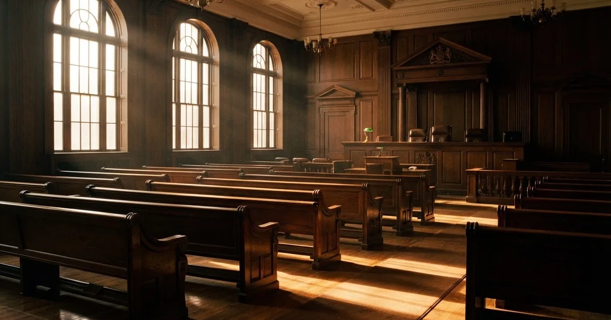 An empty courtroom with wooden benches in morning light