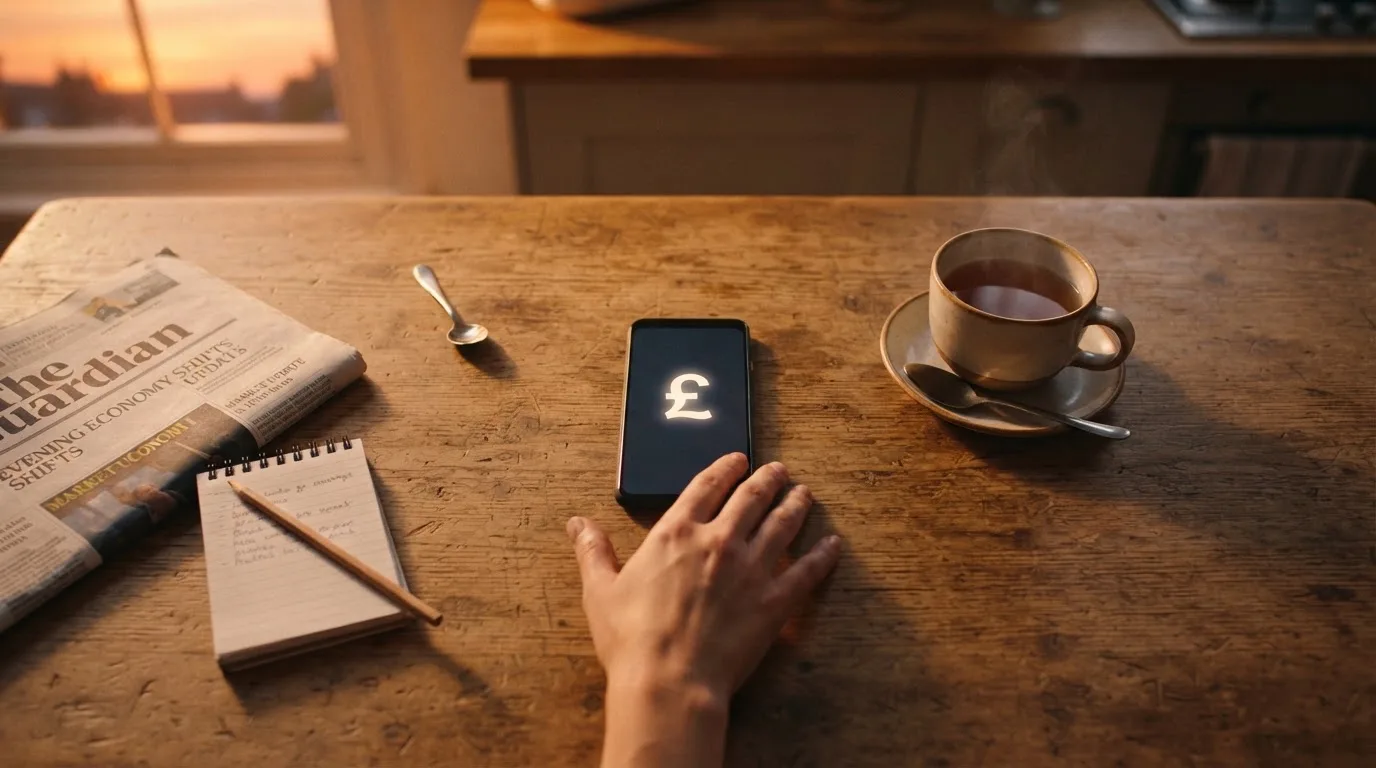 A hand setting a smartphone down beside a cup of tea on a kitchen table on a quiet evening