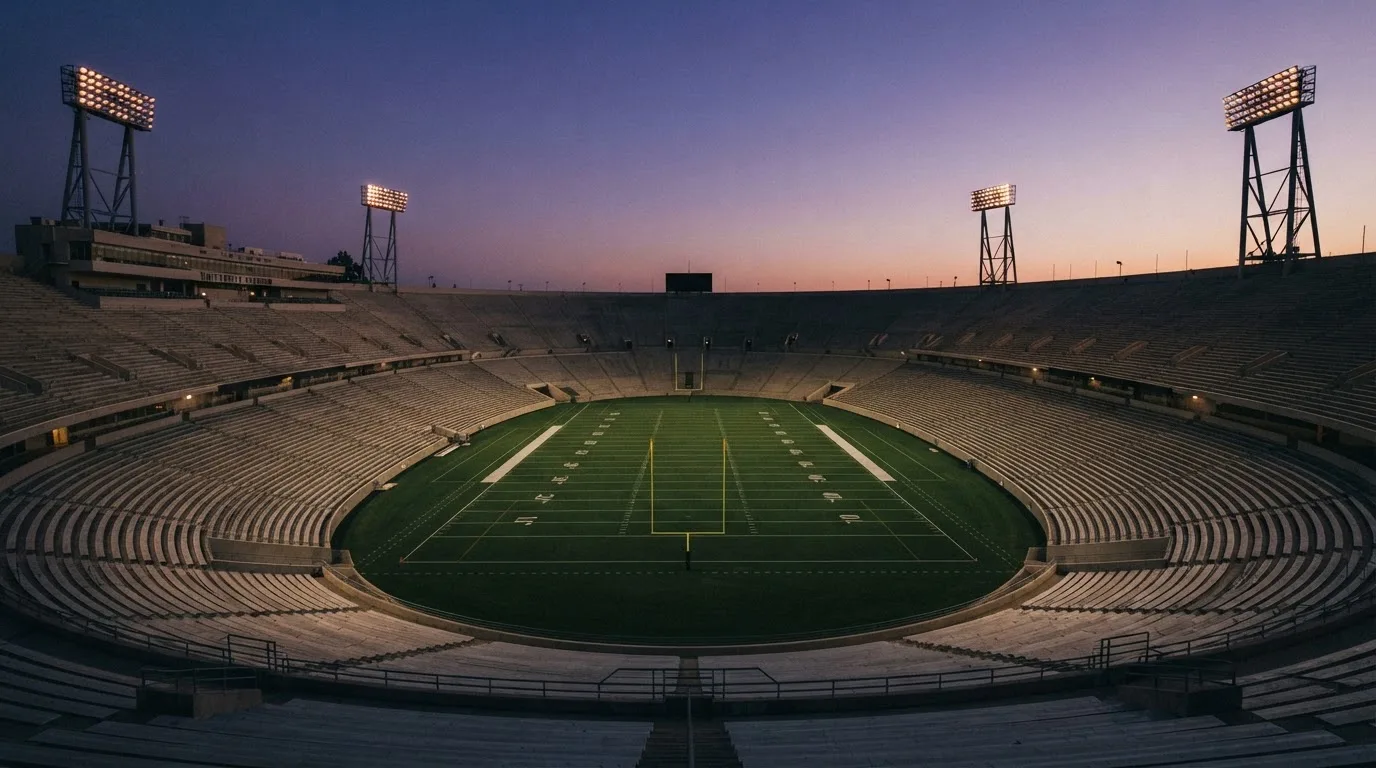 An empty football stadium with floodlight masts at dusk