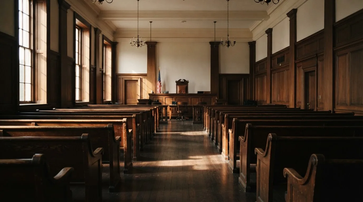 An empty courtroom with wooden benches in morning light
