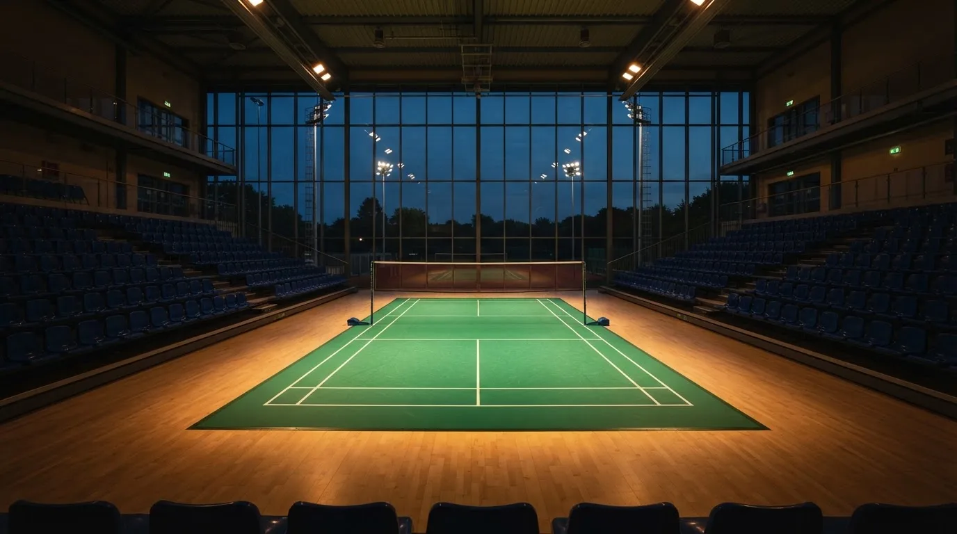 An empty football stadium with floodlight masts at dusk