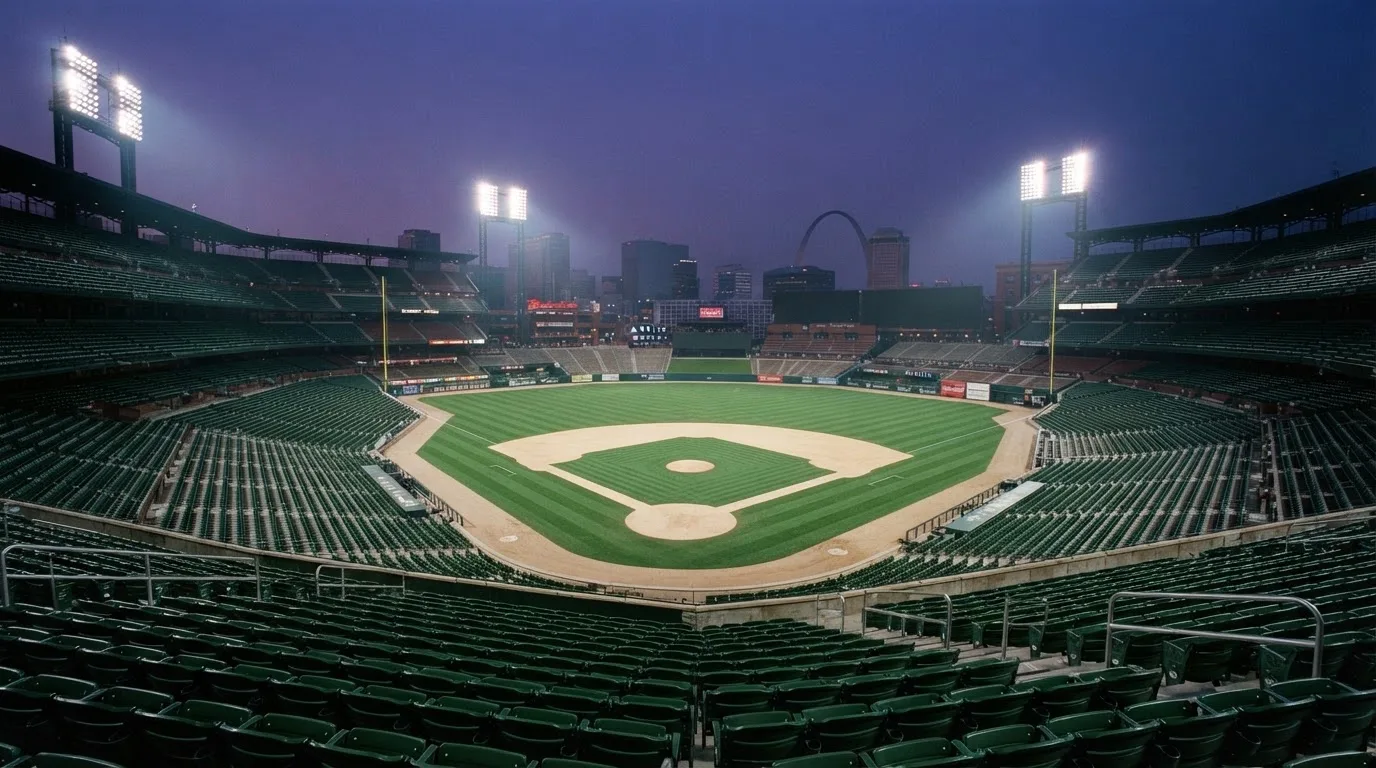 An empty football stadium with floodlight masts at dusk