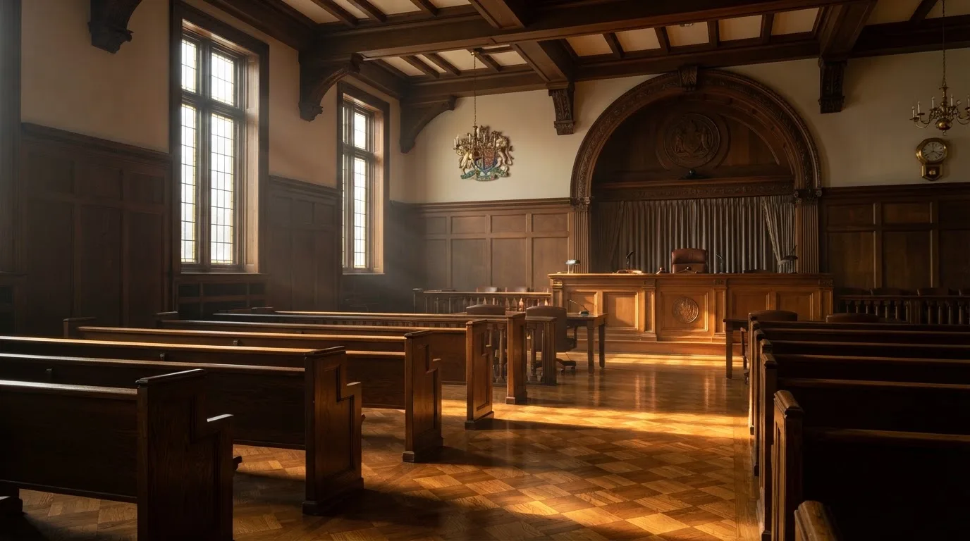 An empty courtroom with wooden benches in morning light