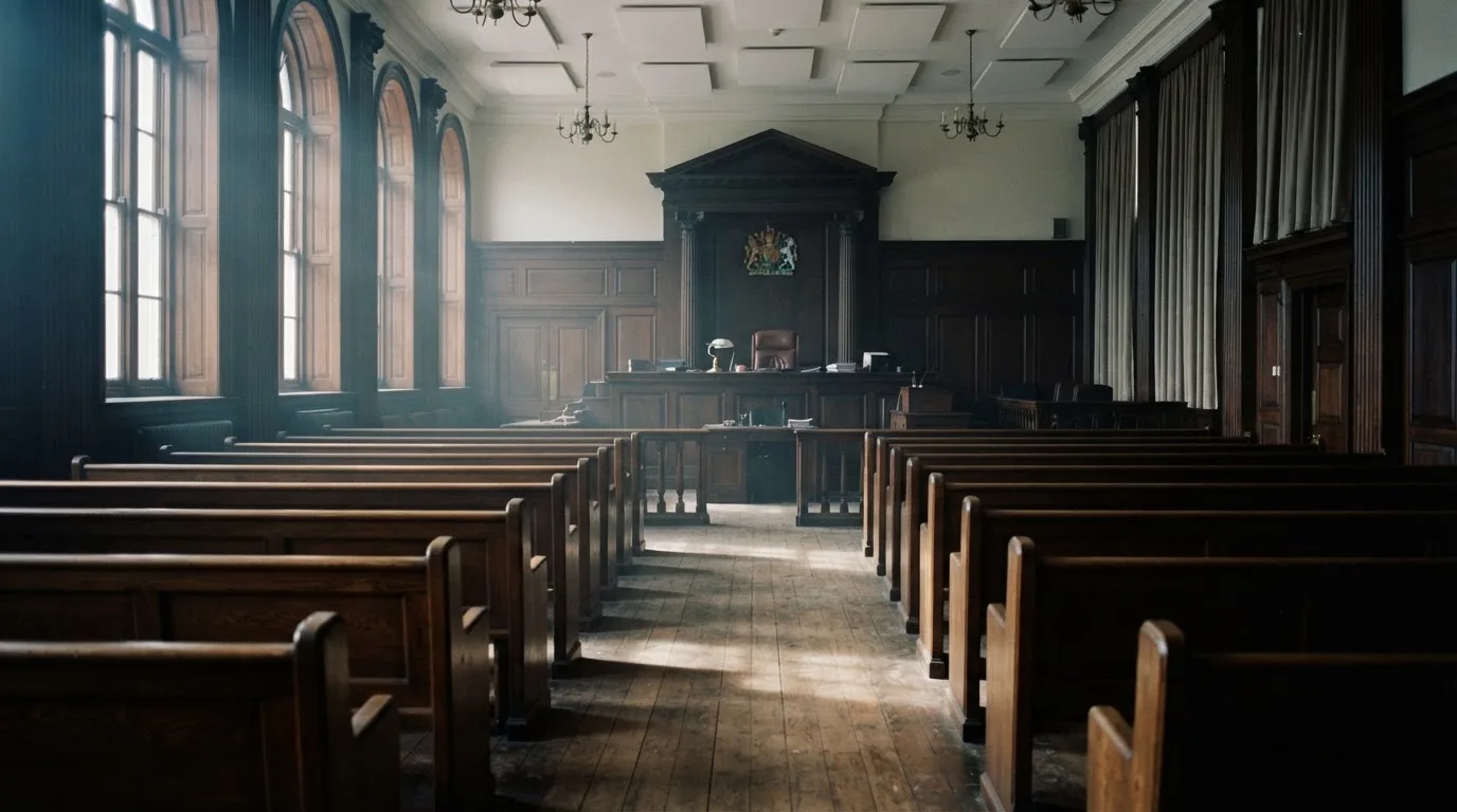 An empty courtroom with wooden benches in morning light