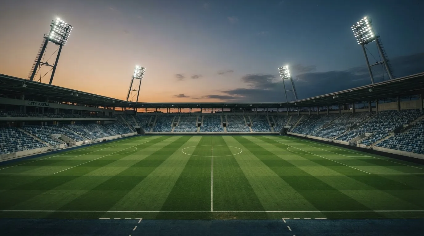 An empty football stadium with floodlight masts at dusk