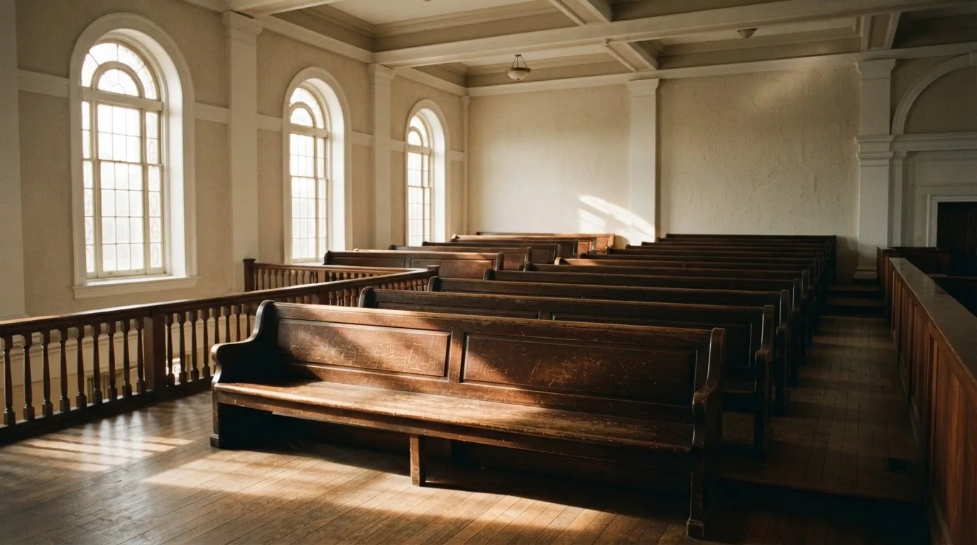 An empty courtroom with wooden benches in morning light