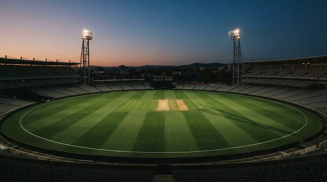 An empty football stadium with floodlight masts at dusk
