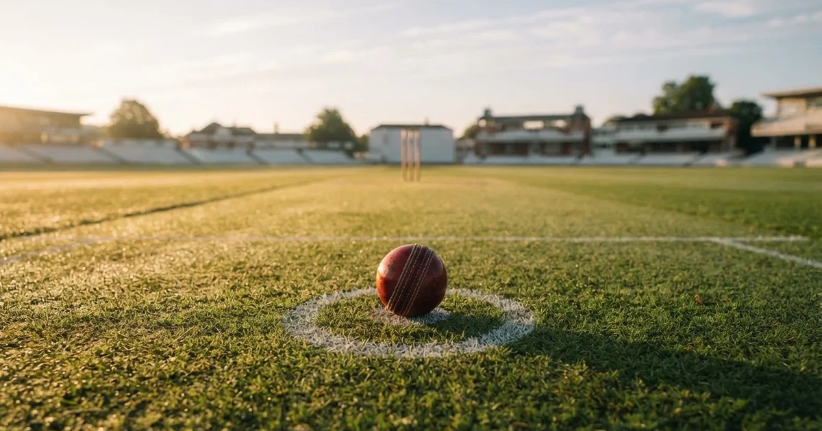 A ball on the centre spot of a grass pitch in morning light