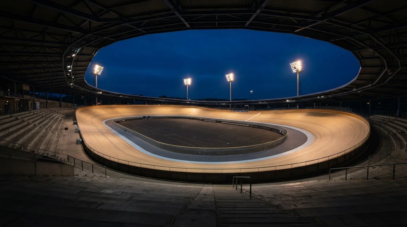An empty football stadium with floodlight masts at dusk