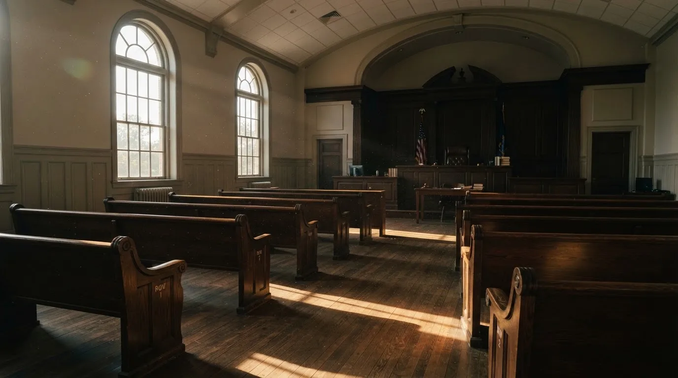An empty courtroom with wooden benches in morning light