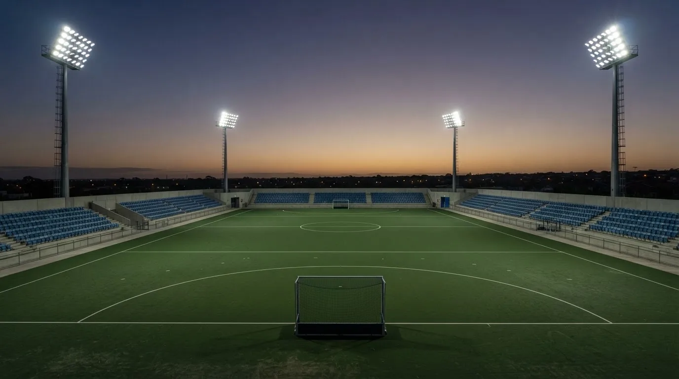 An empty football stadium with floodlight masts at dusk