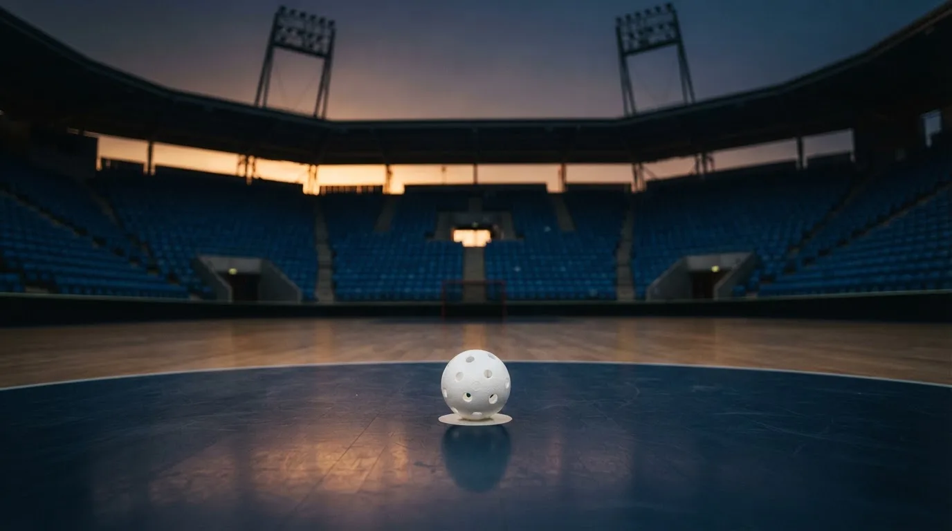 An empty football stadium with floodlight masts at dusk
