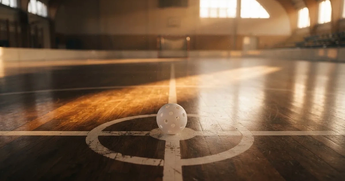 A ball on the centre spot of a grass pitch in morning light