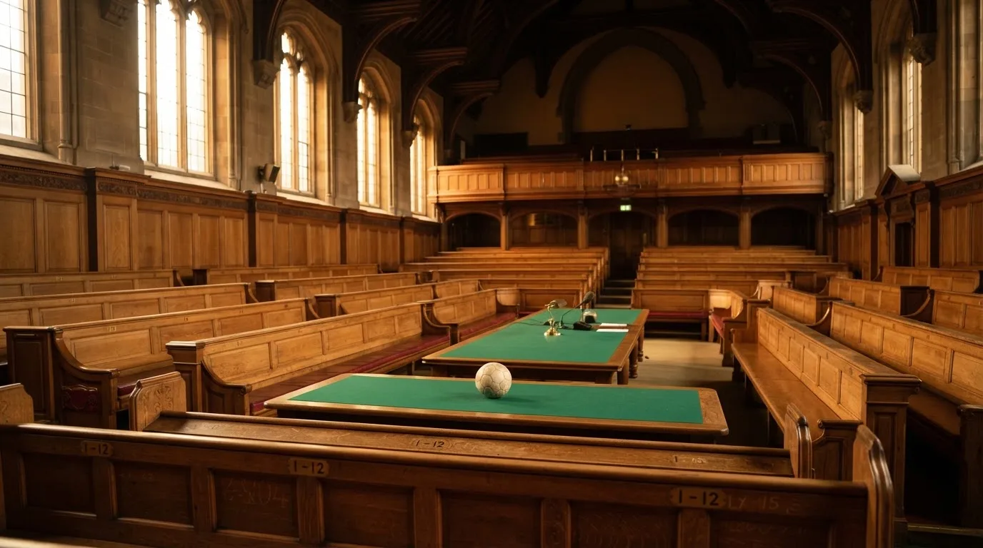 An empty courtroom with wooden benches in morning light