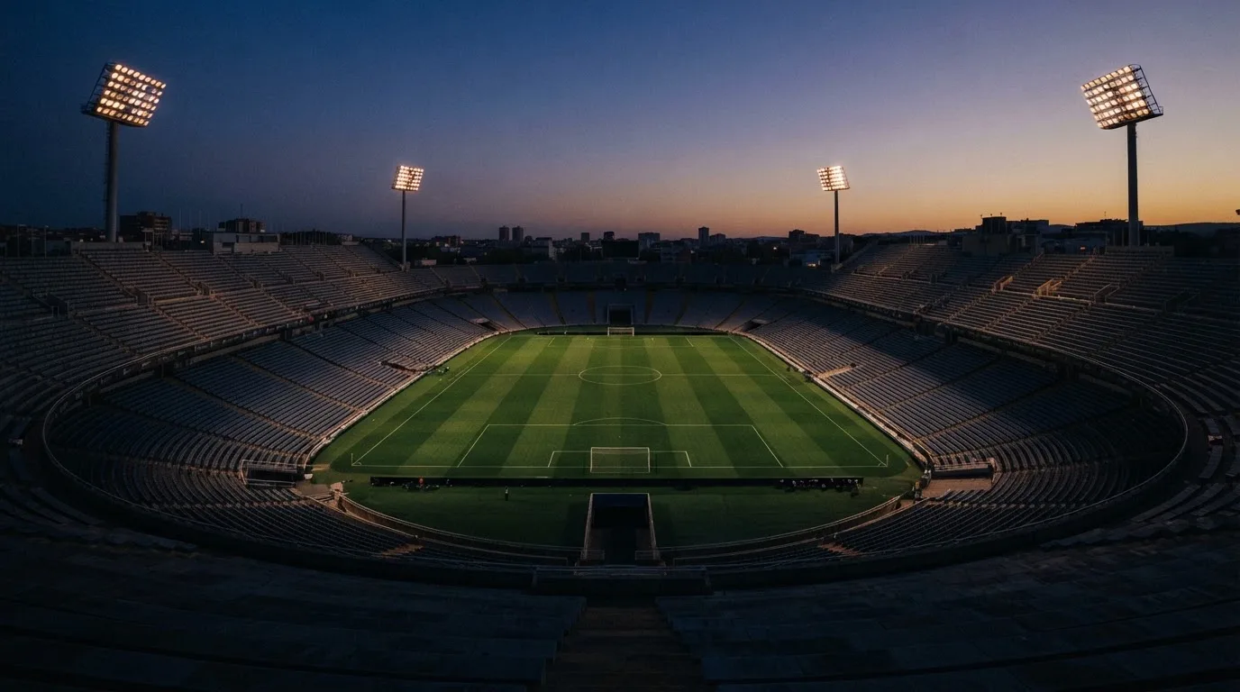 An empty football stadium with floodlight masts at dusk