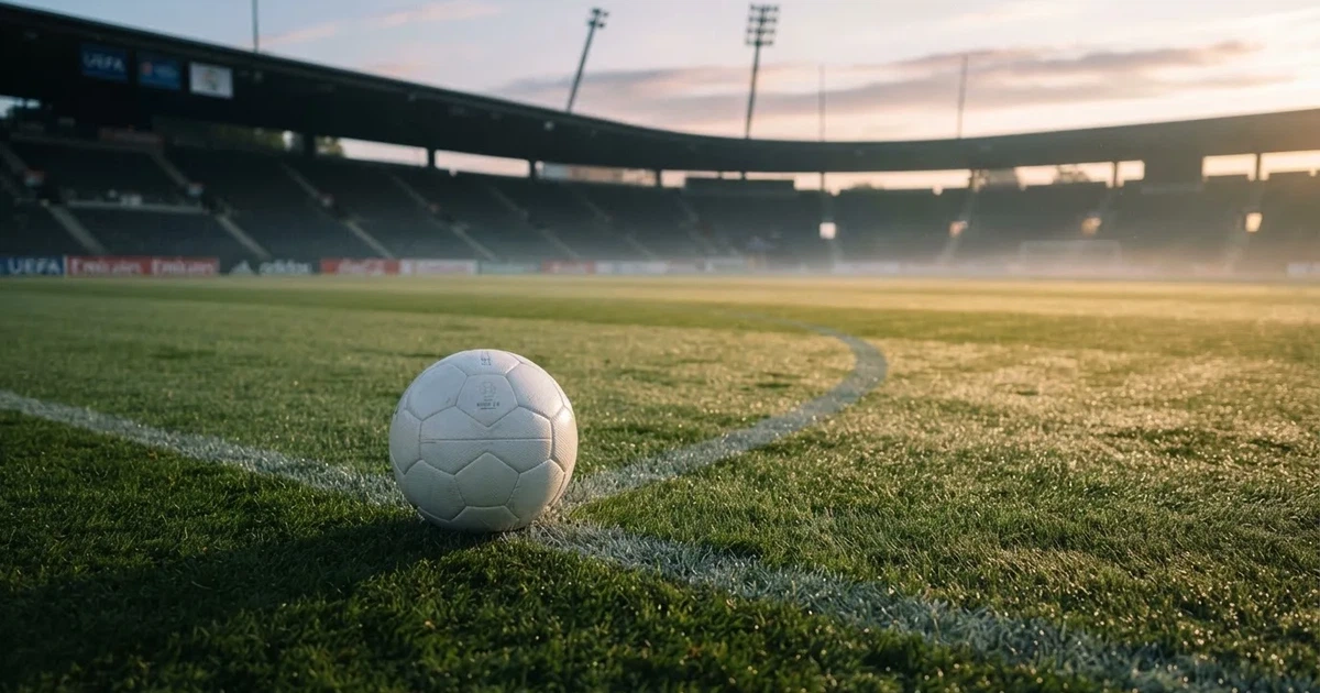 A ball on the centre spot of a grass pitch in morning light
