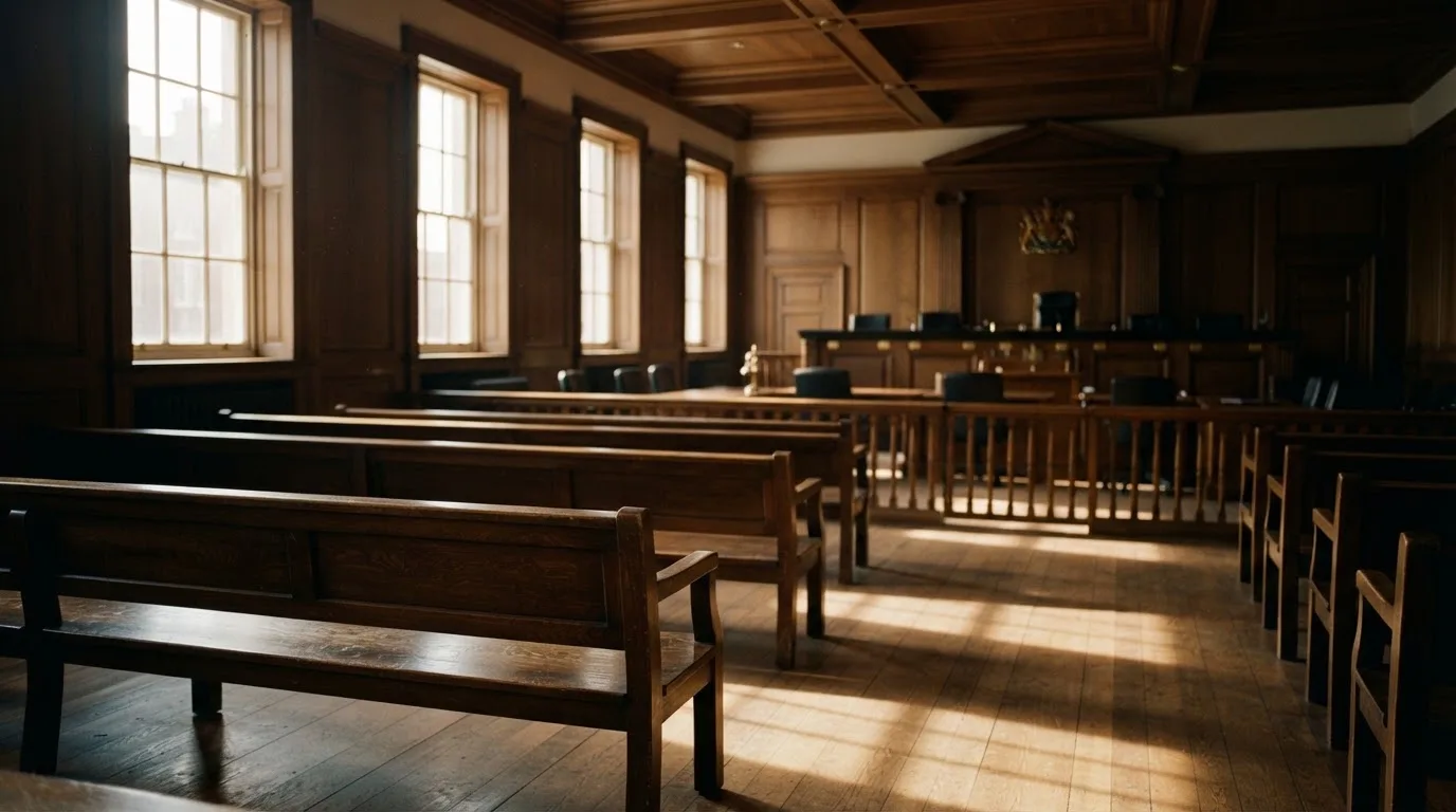An empty courtroom with wooden benches in morning light