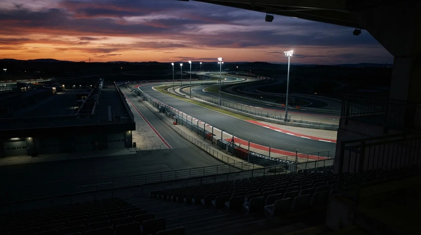An empty football stadium with floodlight masts at dusk