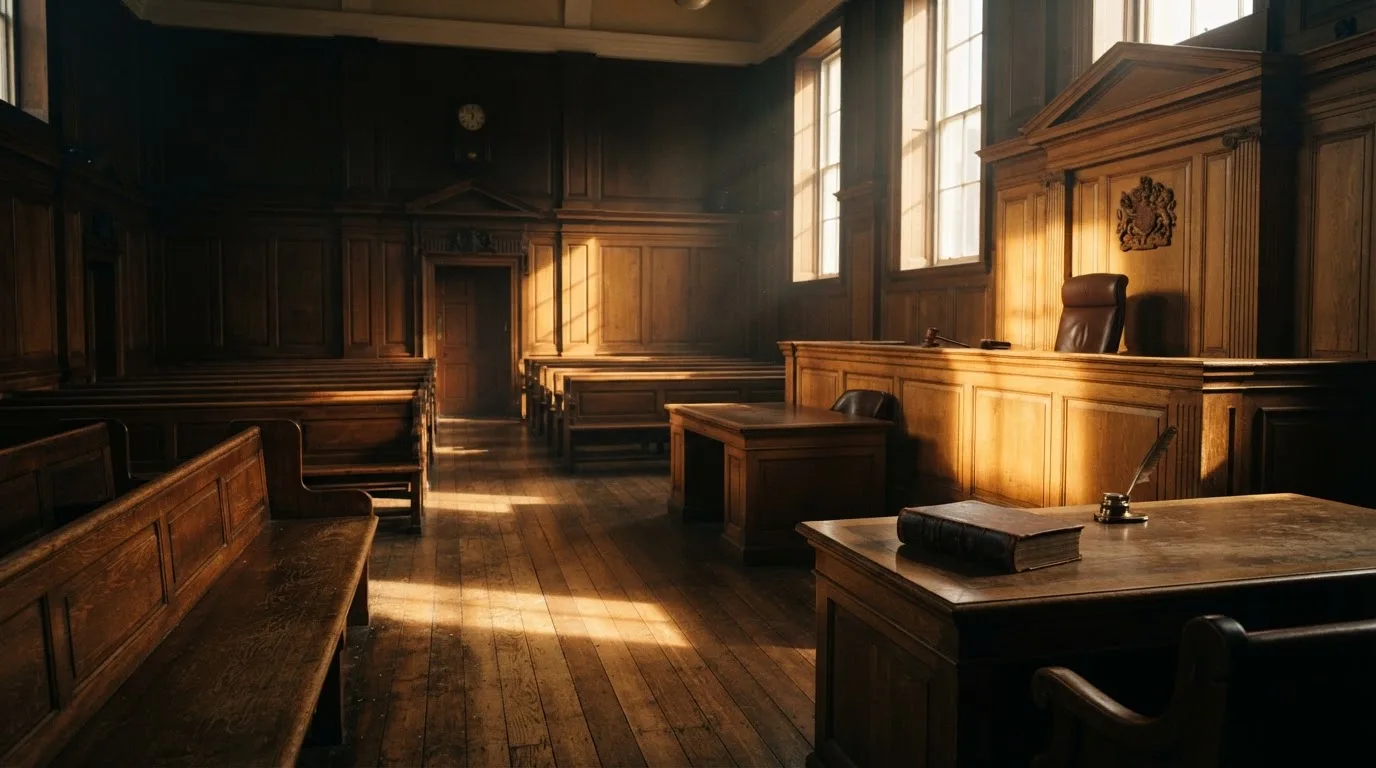 An empty courtroom with wooden benches in morning light